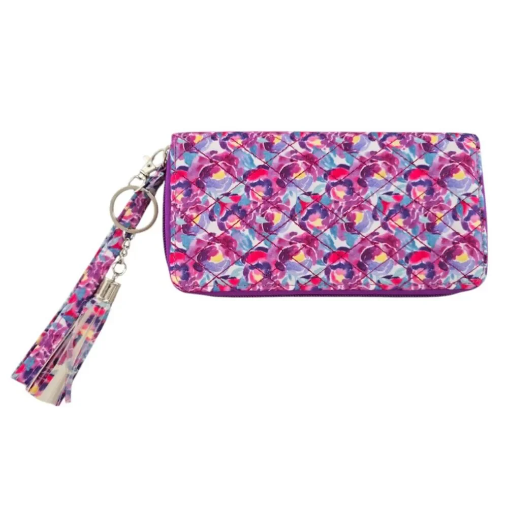 Quilted Floral RFID Wallet Wristlet Purple Pink Blue Zip Organizer